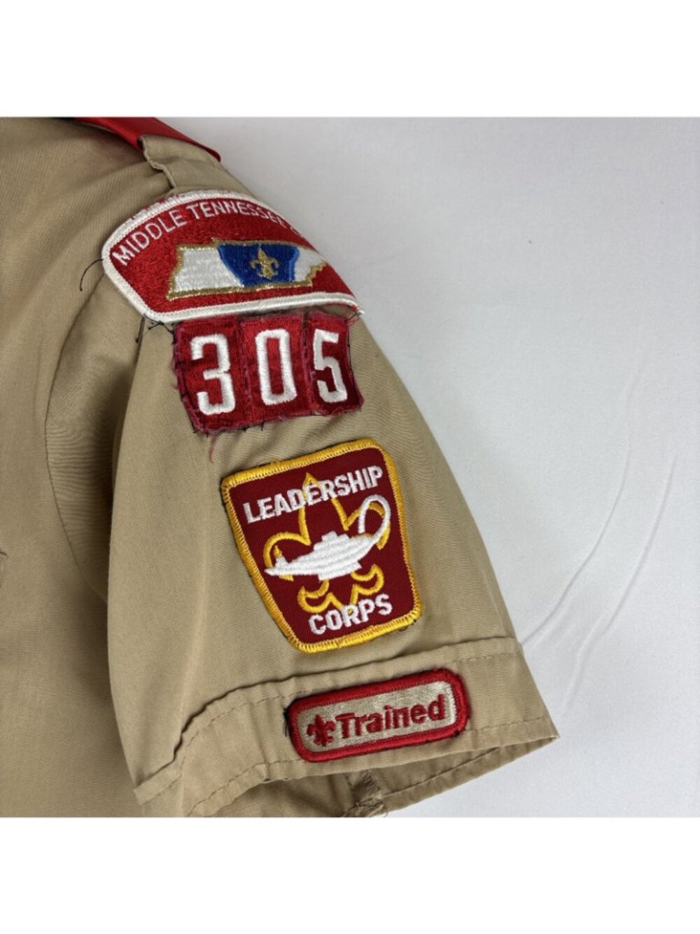 Boy Scouts of America BSA Shirt Medium Tan Sewn Patches Leadership Corp Trained - Picture 4 of 6